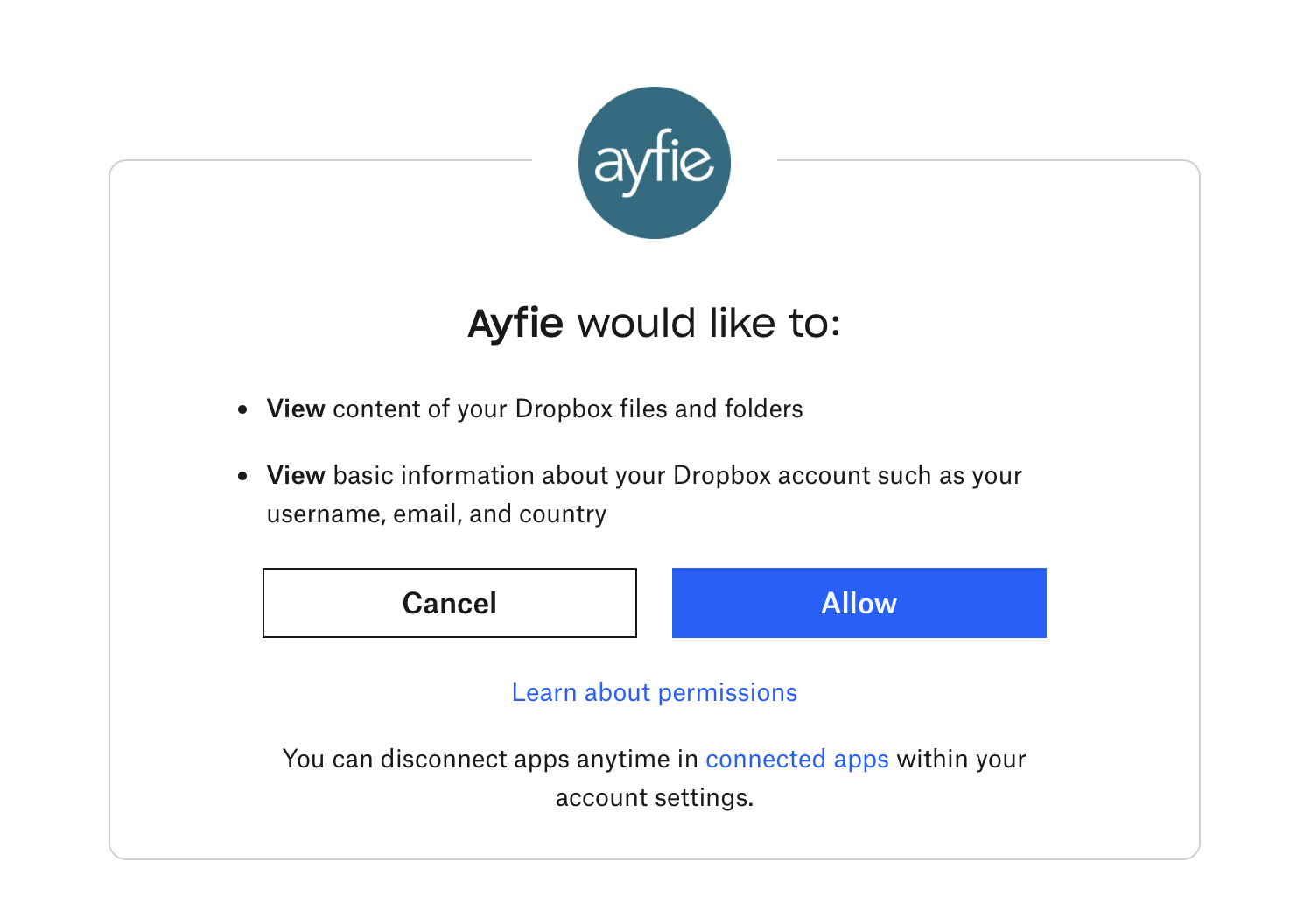 Ayfie Search Dropbox Authentication Step 3