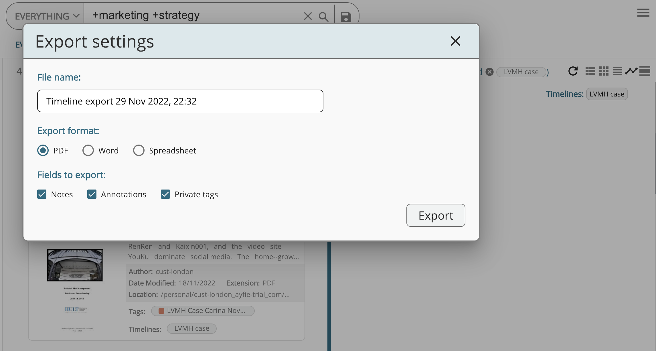 Timeline Export options screenshot