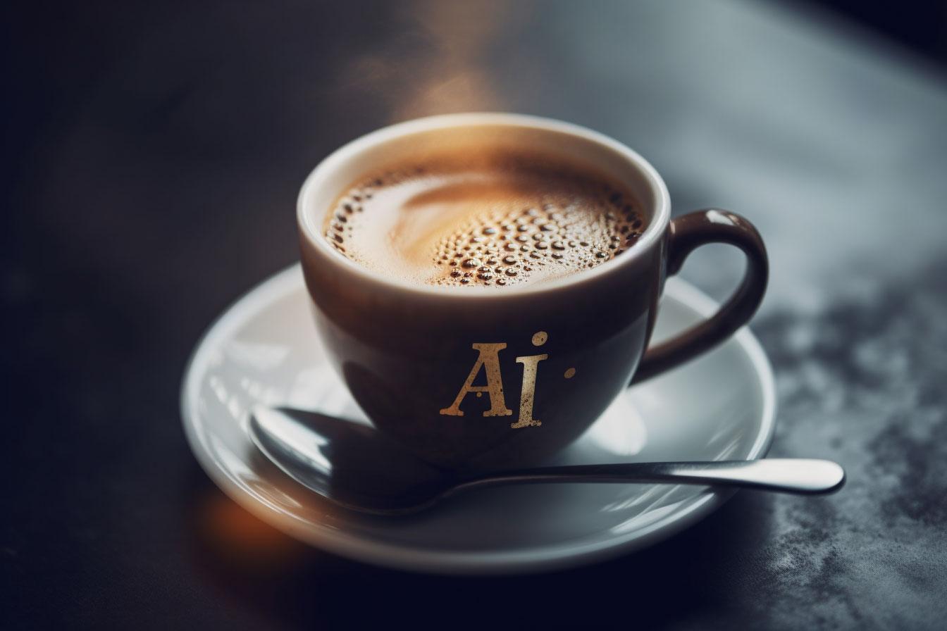 En rykende kopp kaffe med teksten AI på koppen